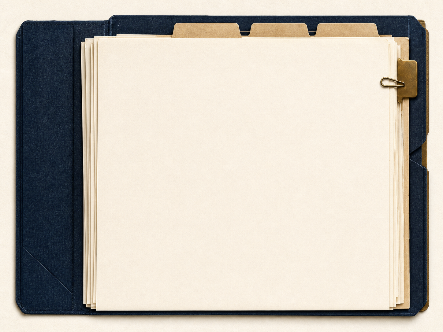 Open navy case folio with a blank cream incident record