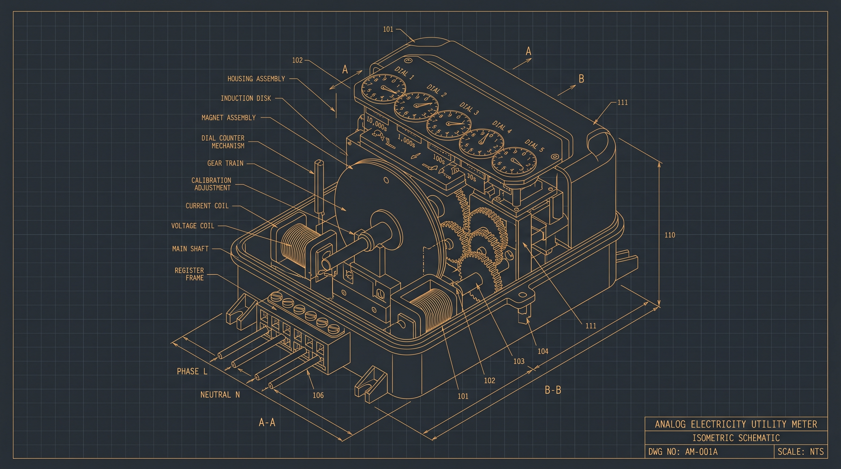 Technical schematic of an electrical meter